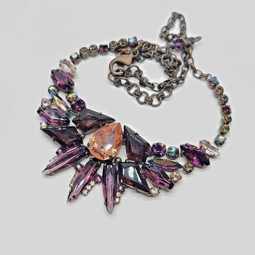 Sorrelli Bronze Necklace Spiky Purple Orange Rhinestone Statement Bib Retro - Picture 1 of 8